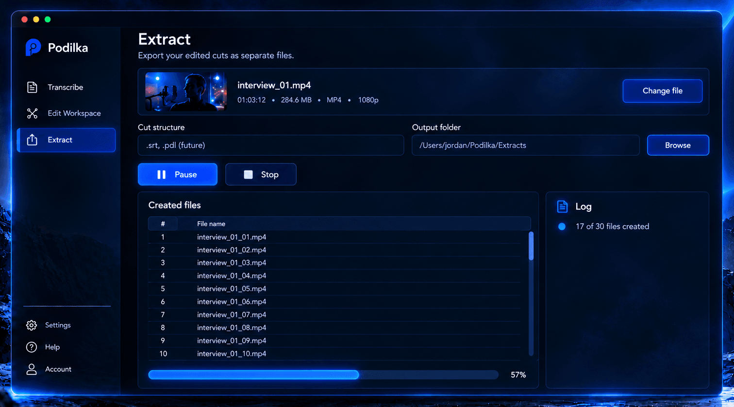The Podilka Extract screen: the source file interview_01.mp4, cut structure and output folder fields, Pause and Stop buttons, a list of created files and a progress bar at 57 percent.