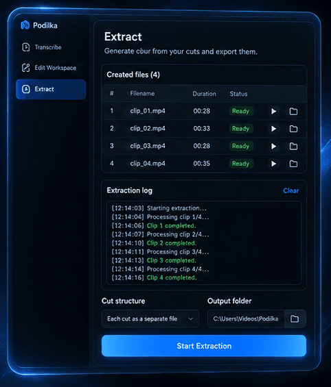 The Extract panel with a list of created files, an extraction log, an output folder and a Start Extraction button.